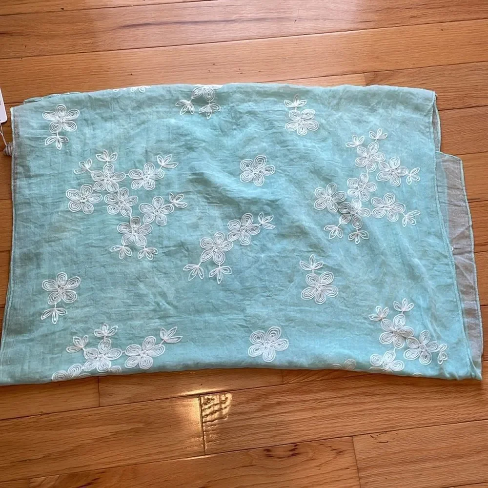 NWT Scarf mint seafoam color white embroidery